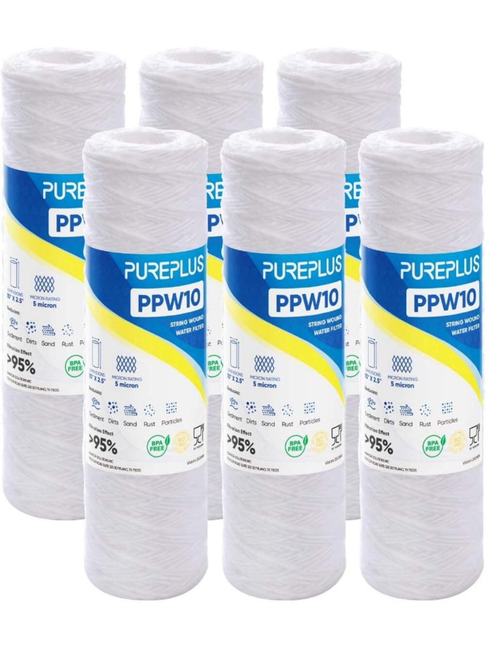 5 Micron Whole House Sediment Filter 10"x2.5" - 6 Pack, High Efficiency Water